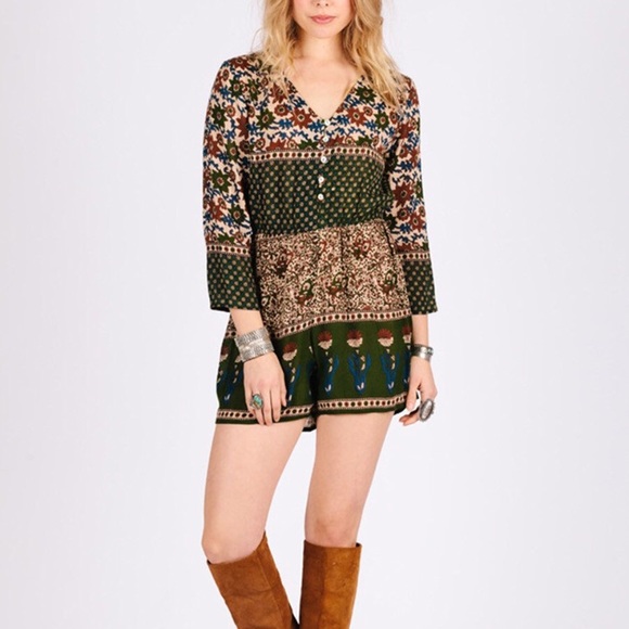 RAGA | Bohemian Mixed Paisley Print Henley Romper Green Brown Mix, XS NWT - Picture 2 of 5